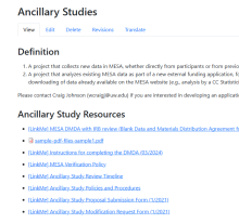 Example screenshot of WIP Ancillary Studies page