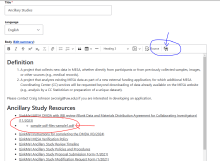 A screenshot of the Ancillary page showing the WYSIWYG editor. Highlighted are the embedded document and add media buttons